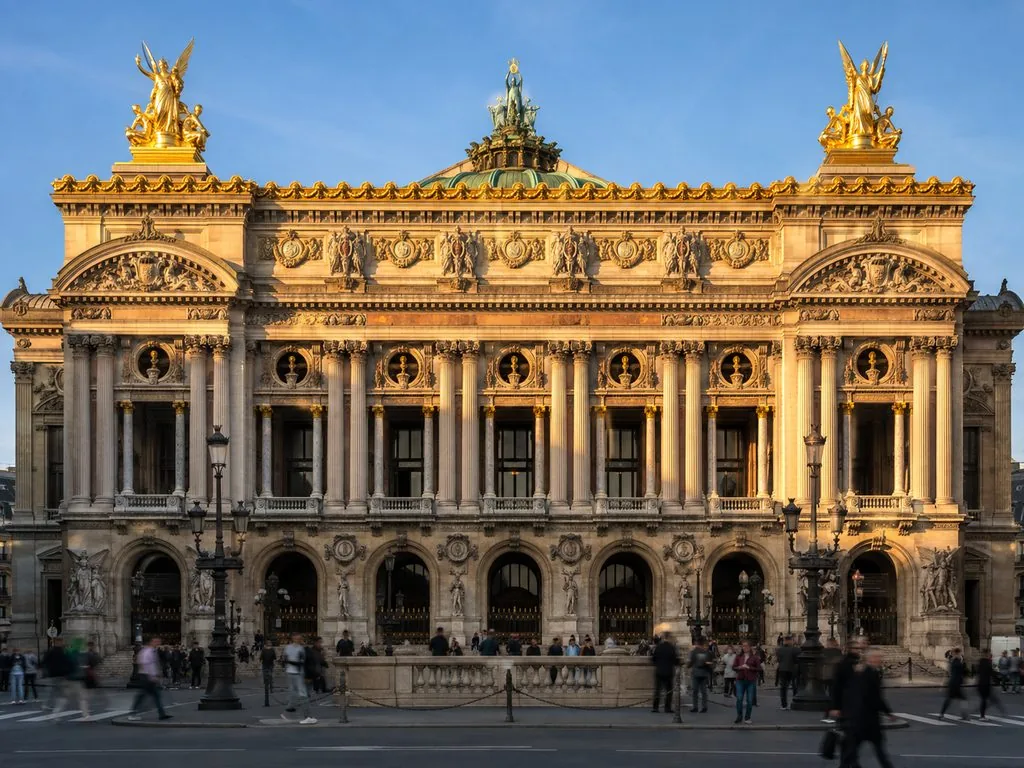 The façade of the Palais Garnier, with gilded Apollo between Poetry and Music on the roofline
