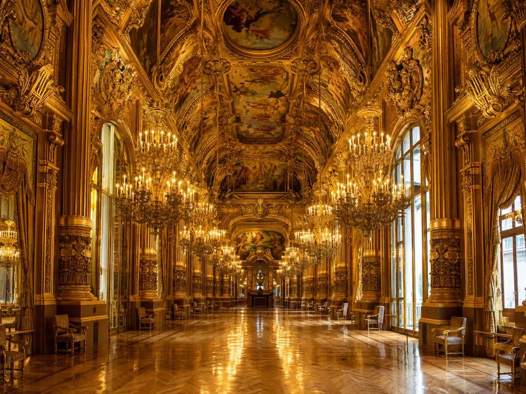 The gilded Grand Foyer of the Palais Garnier, built for the interval promenade